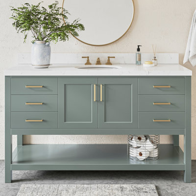 Meuble-lavabo simple 60 po ARIEL Magnolia en vert rétro avec comptoir en quartz blanc Carrara