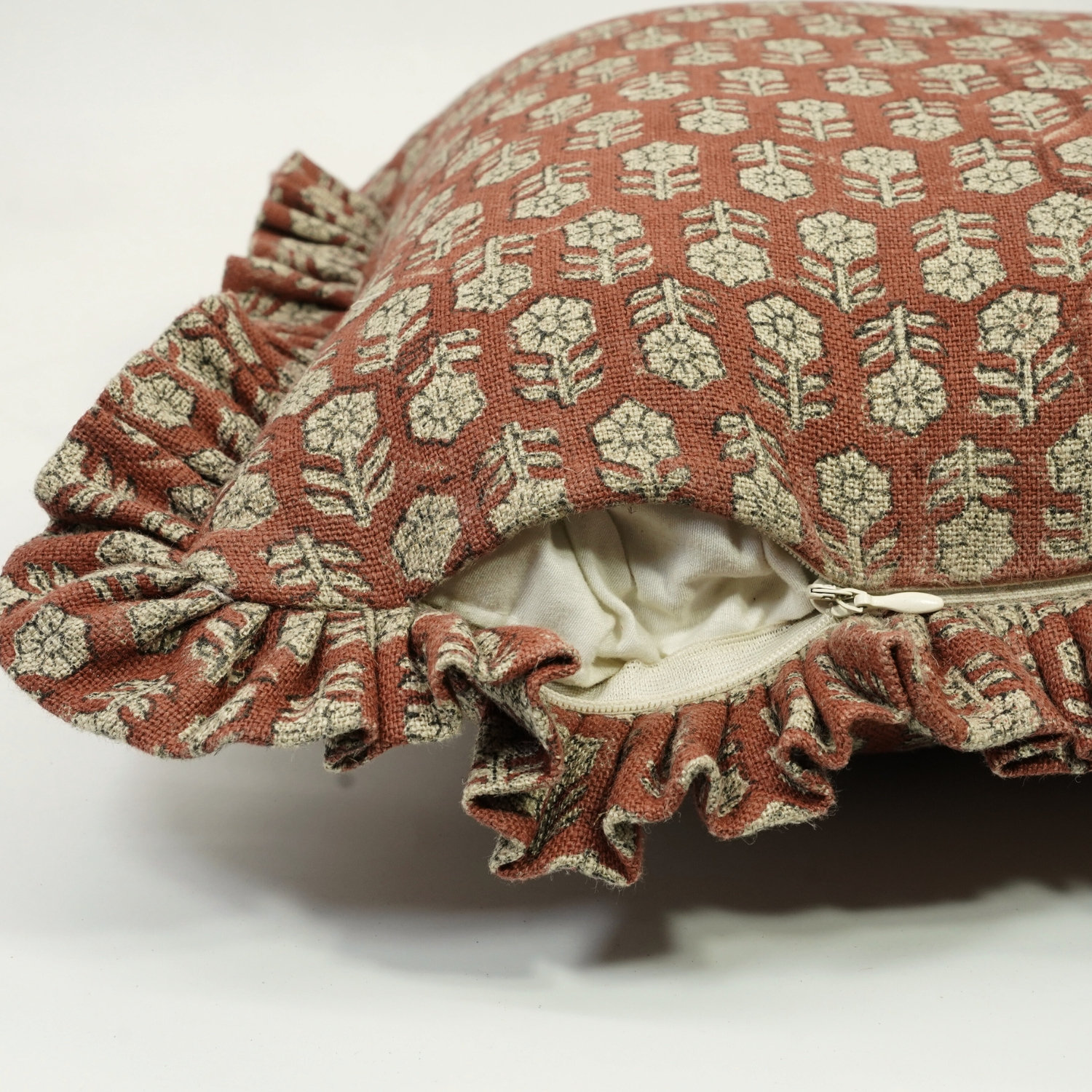 Handmade Linen Pillow Cover, Red Floral/Block Print, 24"H x 24"W