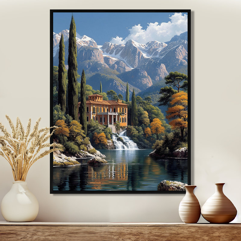 Idyllique maison suisse au bord du lac Blue Mountain, H 40 po x l 30 po, Cadre flottant noir, bois massif