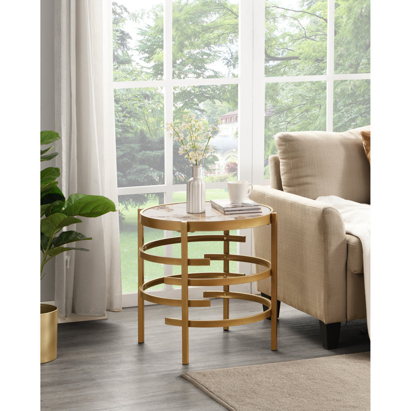 Table de bout en fritté de pierre, fer doré l 20,14 po x P 20,14 po H 22,08 po, table d'appoint moderne à motif et texture uniques avec bordure, cadre pratique