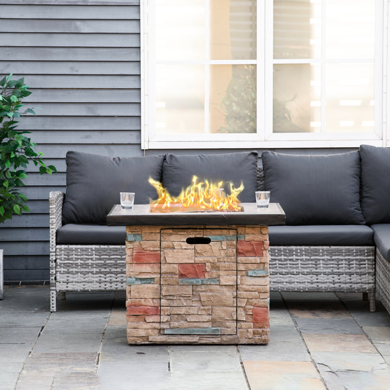 32" Outdoor Propane Gas Fire Pit Table, 50,000 Auto-ignition, Faux Ledge Stone Intrigue, Lava Rocks, Rain Cover, , Mild Brown 32 Inch Square Display, Brownish Shade