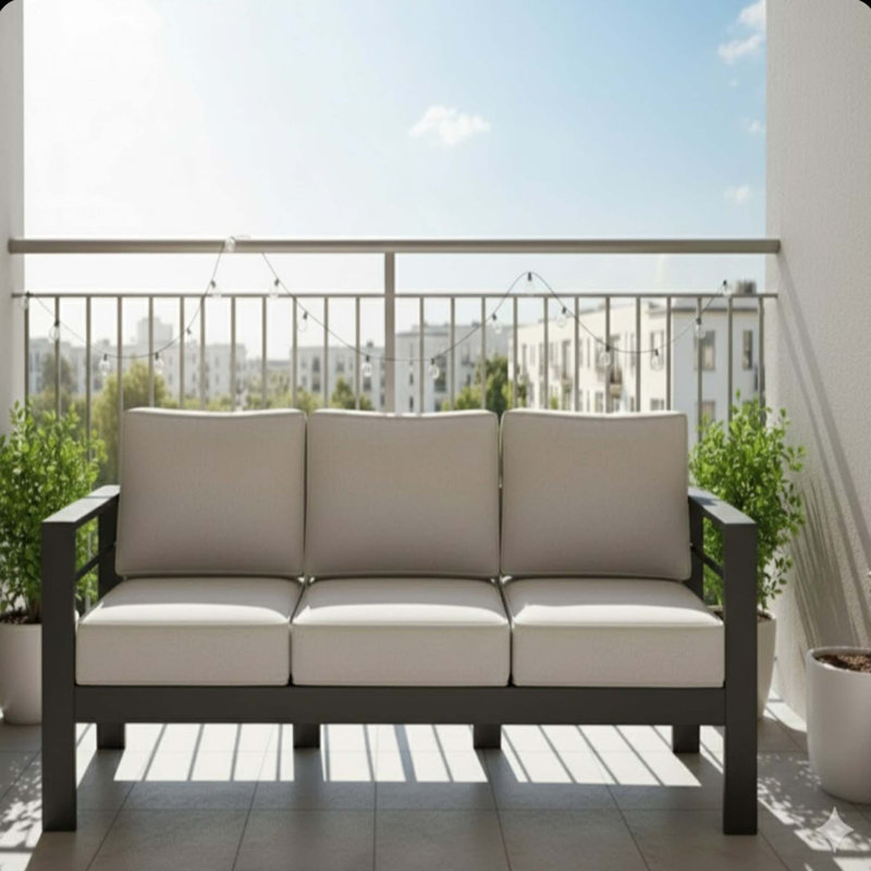 All-Weather Metal Patio Sofa with Thick Cushions, Gray, Black