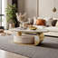 Table basse ovale avec tiroir, plateau en verre imprimé, structure en acier inoxydable