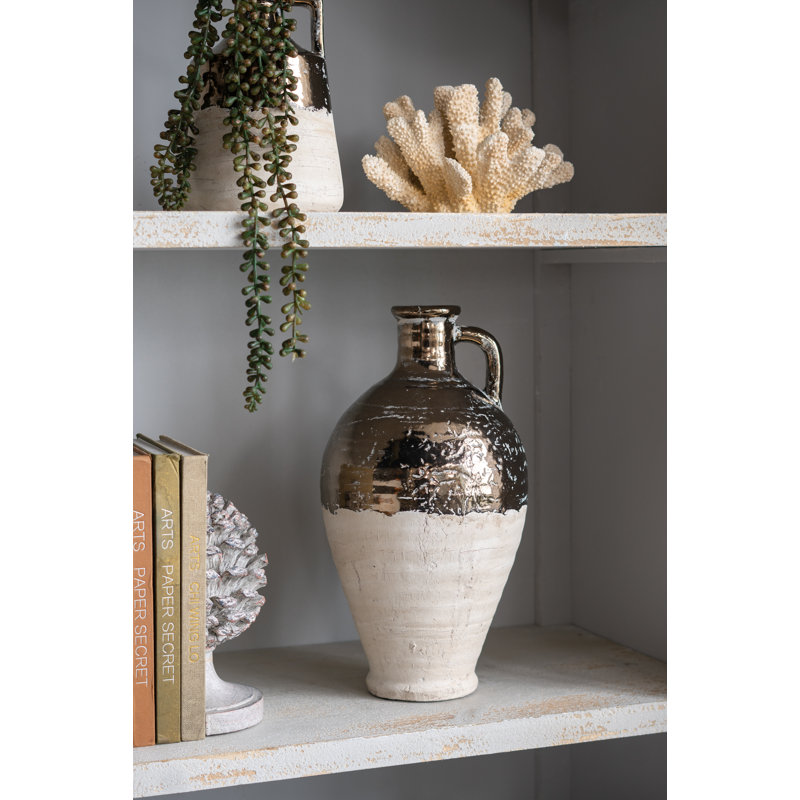 Wide Terracotta Jug Vase with Metallic Bronze and Natural Tan Finish