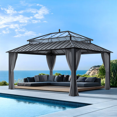 SUNJOY Kingston 16x12 Gazebo, Steel & PC Roof Hardtop Gazebo with Curtain and Netting - Gray Aluminum Posts