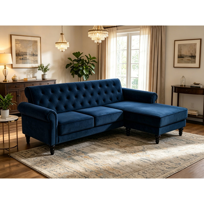 Petoskey 3 Seater Velvet Sofa & Chaise, Blue