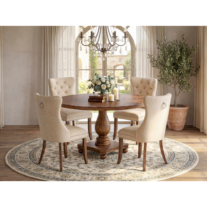 Ensemble de table de cuisine 5 pièces en polyester avec 4 chaises de salle à manger beige clair, un dossier capitonné et une table ronde de 54 po au fini noyer antique.