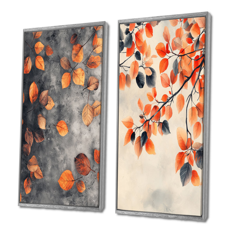 Feuilles d'automne orange I - art mural floral 2 panneaux, H 40 po x l 41 po, Encadrement argenté