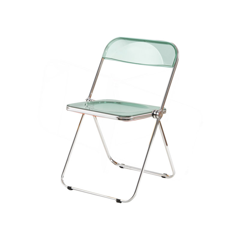 Chaise pliante transparente avec structure chromée et siège en acrylique, idéale pour une utilisation intérieure et extérieure