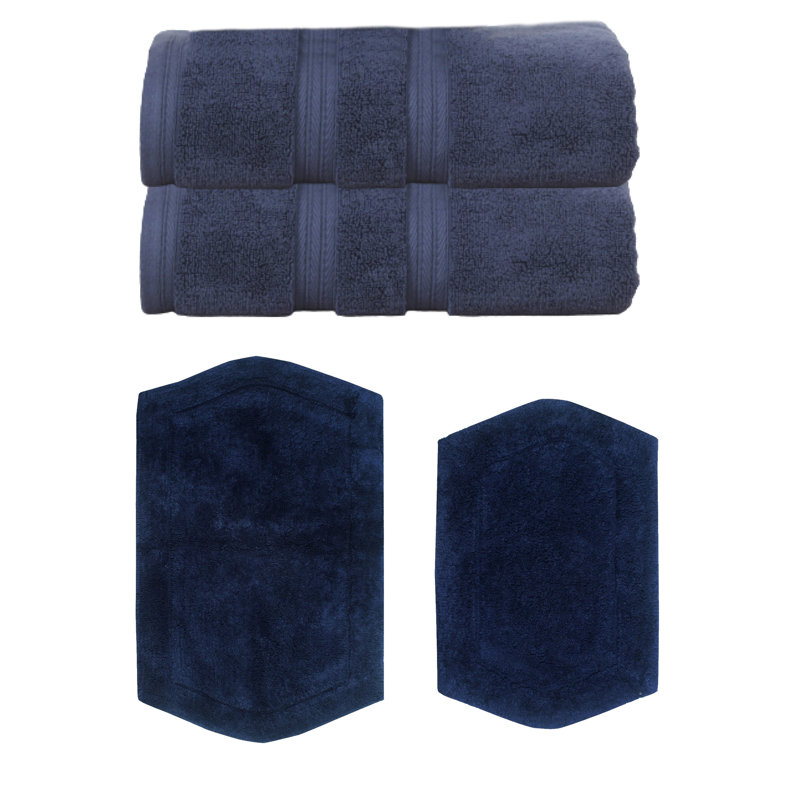 Bryd Collection 100% Soft Cotton 2 Pc Bath Towel Set & 2 Pc Bath Rug Set, (Set of 4), Navy Blue