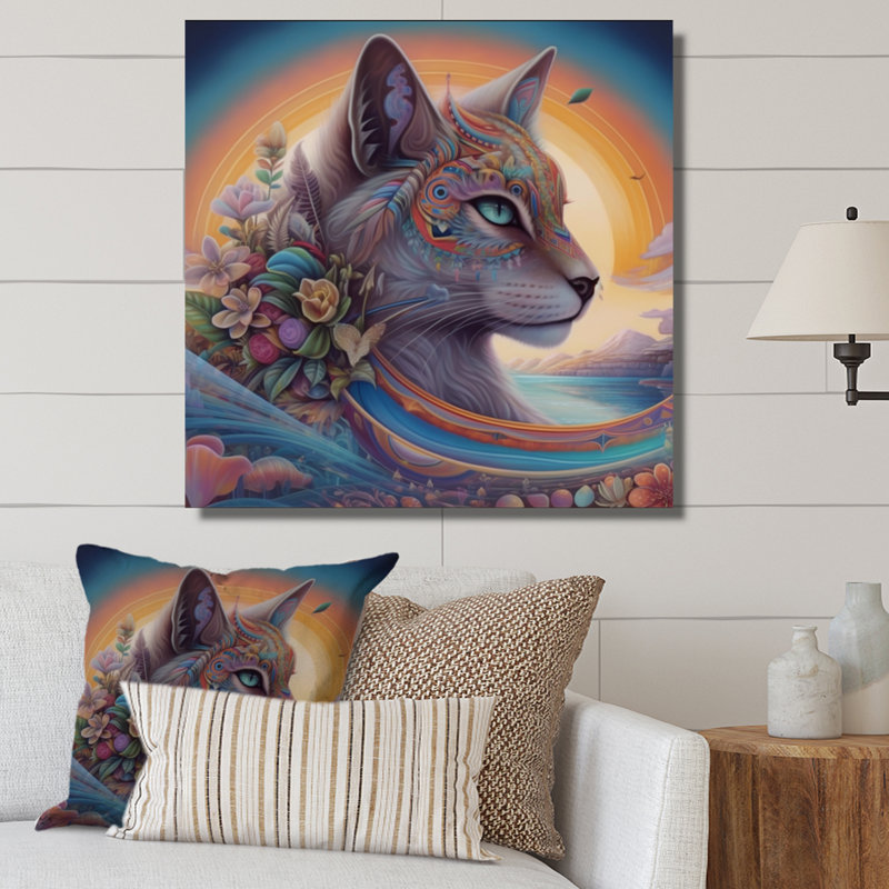 «Magical Rainbow Cat With Flowers I», reproduction sur toile, H 30 po x l 30 po x P 1 po, Toile tendue