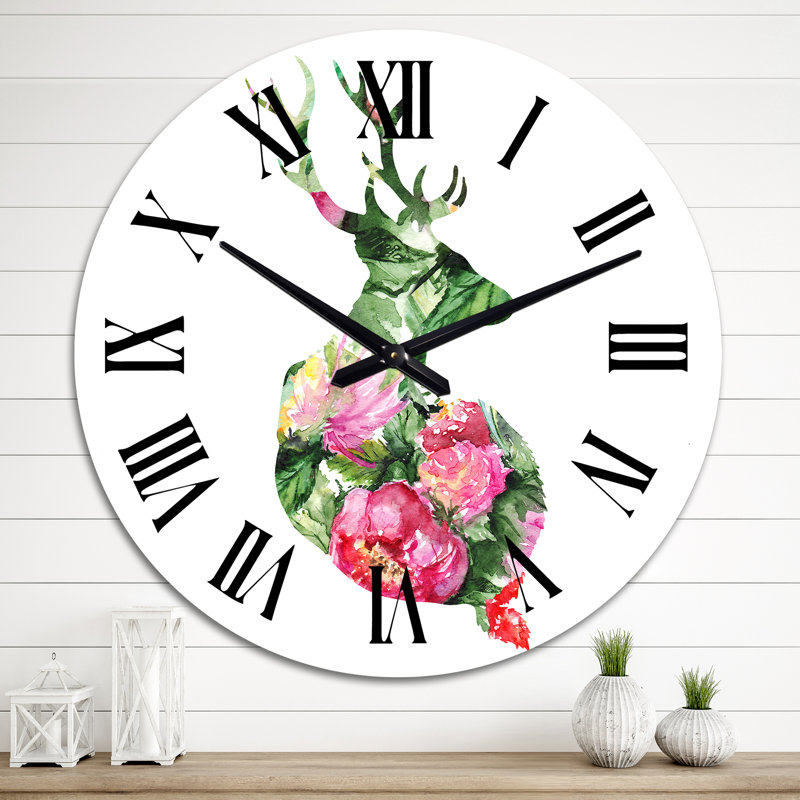Silhouette d'un cerf vert - horloge murale traditionnelle, Grand
