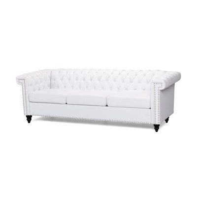 L 83 po x P 32 po x H 26 po en polyuréthane blanc, style classique avec revêtement et capitonnage à boutons profonds, avec siège bas pour un espace de vie décontracté,