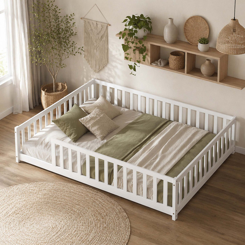 Lit double pleine grandeur avec clôture sans porte, lit en bois d'hévéa avec garde-corps de sécurité, blanc, Blanc