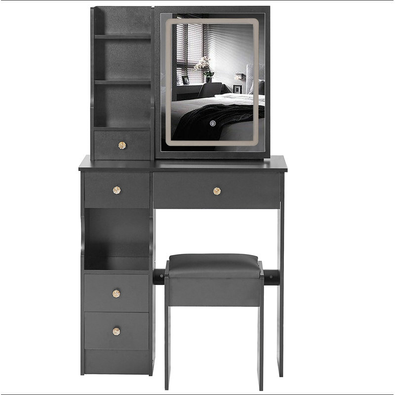 29.2" Small Size Left Drawer Desktop Vanity Table + Cushioned Stool, Large Sliding, Touch Control, Tri-Color Switching, Brightness Adjust LED Mirror, High Capacity Storage, Suitable For Small Space