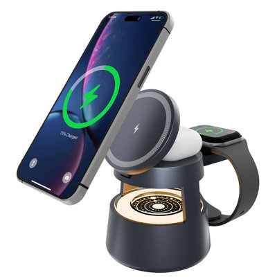  Station de recharge sans fil 4 en 1 avec lumière champignon pour chargeur magnétique MagSafe, support de voyage 22,5 W pour iPhone 17 16e 16 15 14 Pro Max 13 12 11 - Watch 10 9 8 7 6 5 4 3 2 SE et Ultra Series - Airpods 4 3 Pro