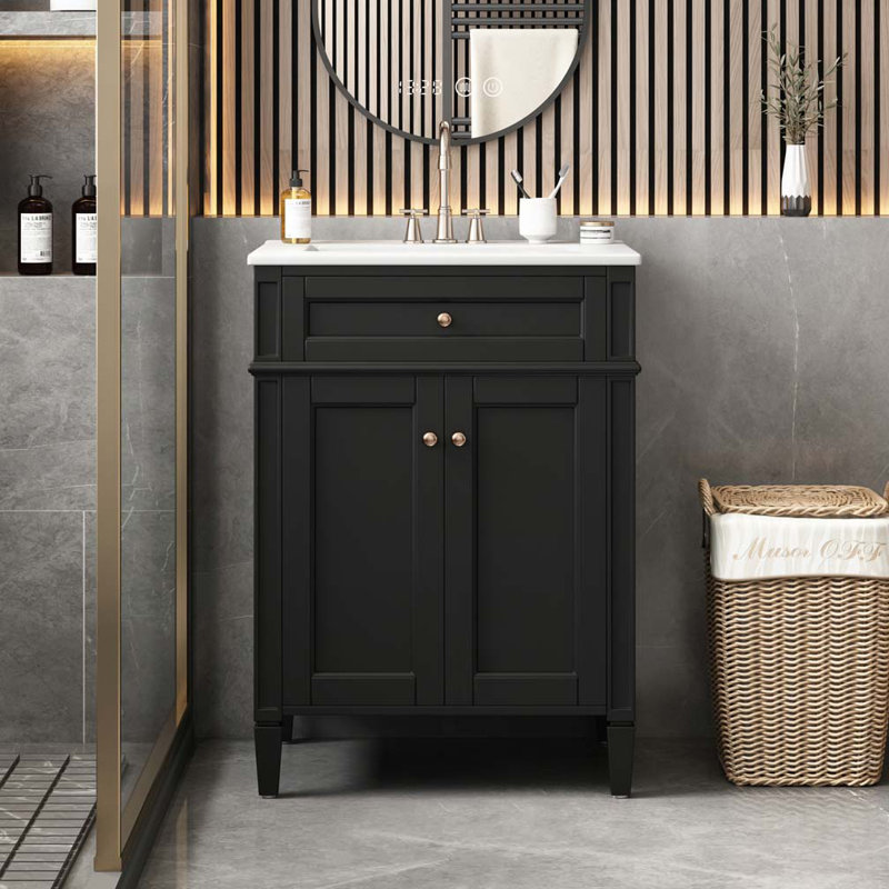 24" Bathroom Vanity with 2 Doors and Tip-Out Drawer, Black/Gold 