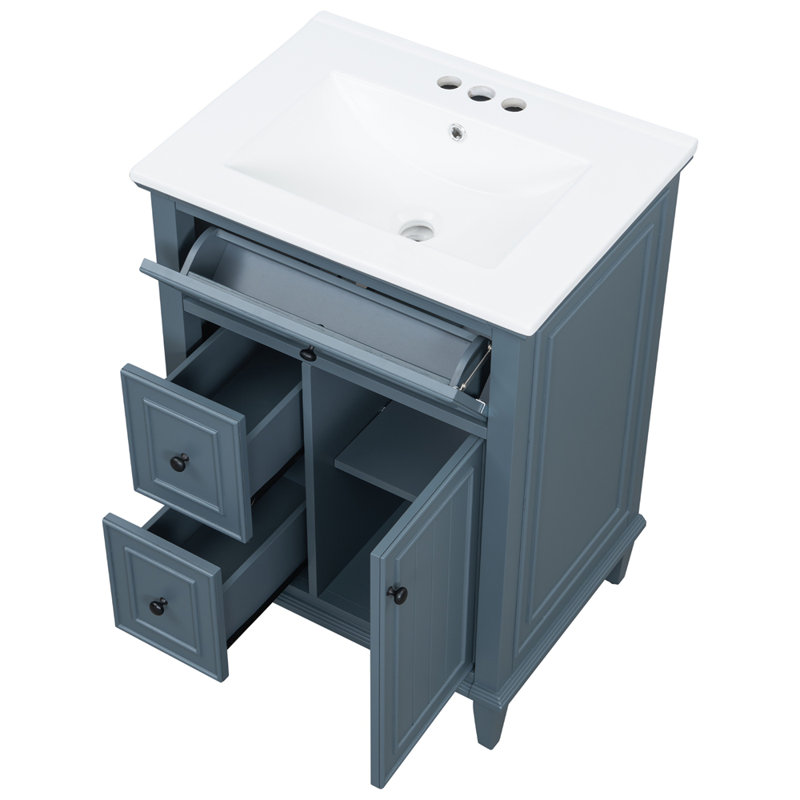 Meuble-lavabo 24 po avec lavabo, meuble-lavabo avec un tiroir rabattable et deux tiroirs, tablette réglable, bois massif et panneau de fibres à densité moyenne