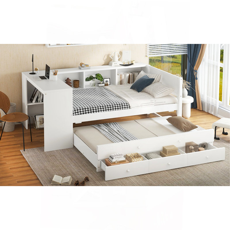 Lit de jour simple avec lit gigogne, structure de lit de jour en bois avec tiroirs de rangement et tablettes latérales, lit de jour avec bureau, aucune boîte à ressorts nécessaire, blanc