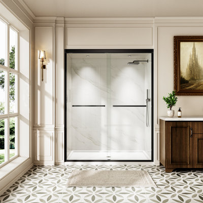 Porte de douche coulissante double l 44 à 48 po x H 76 po, grande cabine de douche sans cadre semi-encadrée avec verre trempé de 1/4 po (6 mm) et verre de sécurité résistant aux chocs pour la modernisation de la salle de bain et la rénovation résidentielle