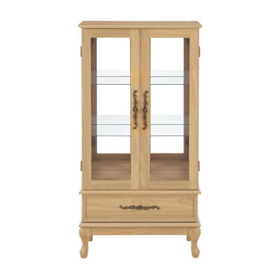 Lighted Curio Cabinet - Elegant Glass Display Cabinet with Adjustable Shelves, 2 Doors, and 1 Drawer - Wine Storage Sideboard with Included Bulb
