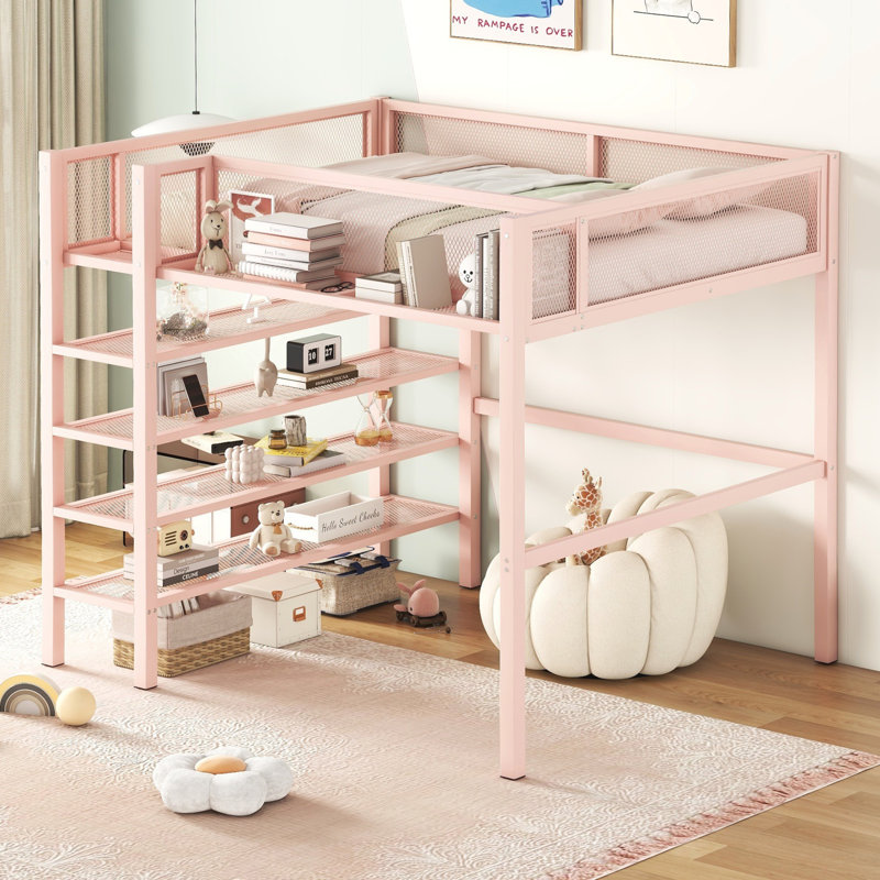 Lit mezzanine en métal avec tablettes à 4 niveaux et rangement, Double, Rose