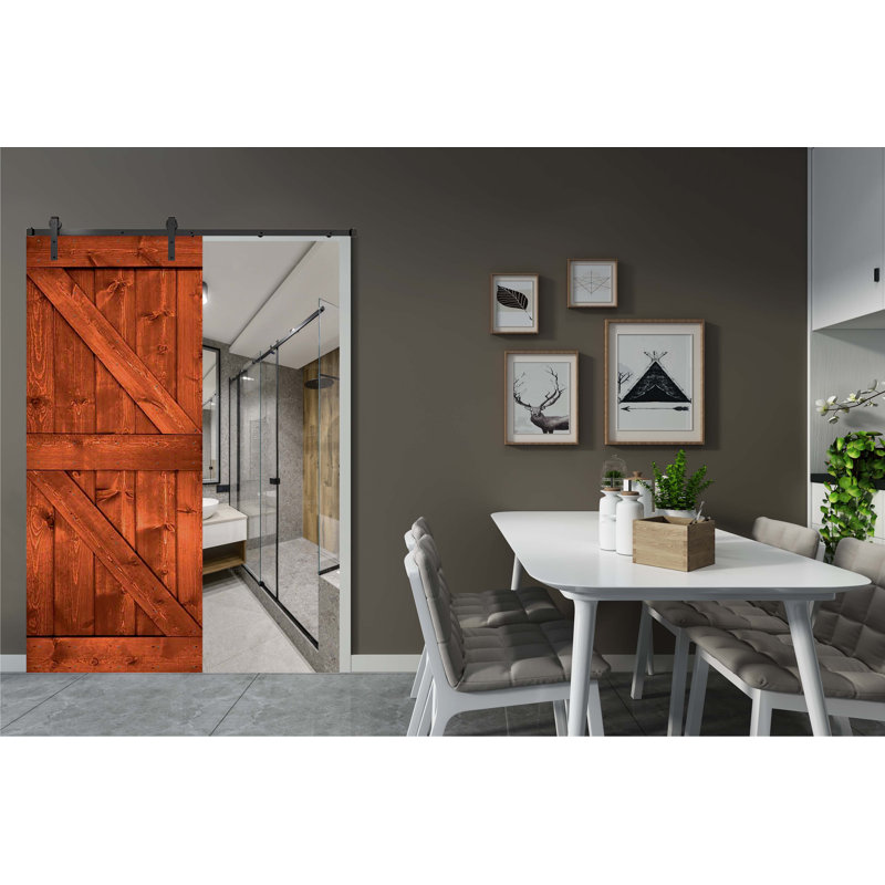 Porte de grange coulissante en bois de pin avec trousse de quincaillerie d'installation, 20 po x 84 po, Noyer rouge