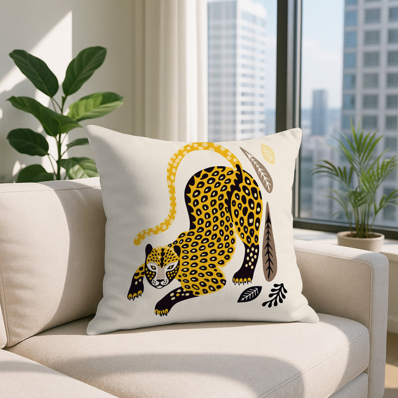 Oreiller carré réversible intérieur / extérieur Gino Leopard, Jaune, Carré 15 po