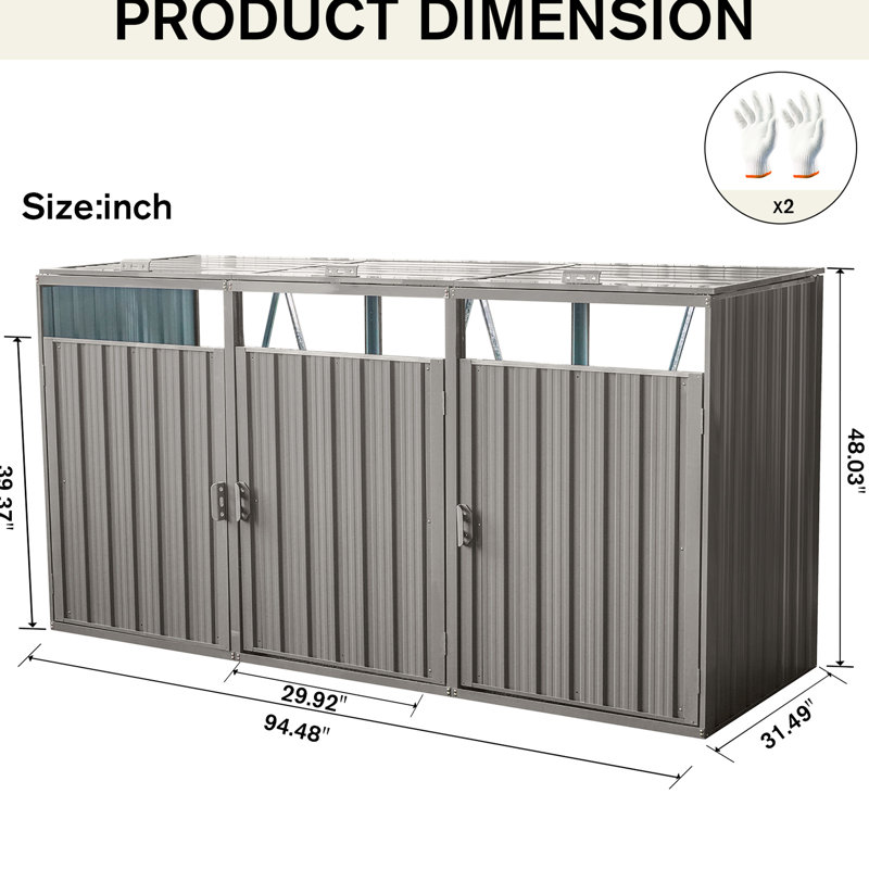 Abri à poubelles en métal gris - Peut contenir 3 poubelles, résistant à la corrosion, ventilé, facile à assembler et à entretenir, fabriqué avec des matériaux robustes et propres