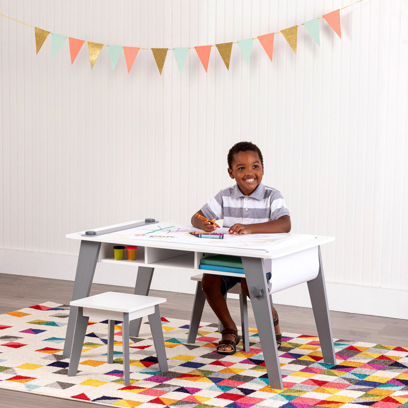 Ensemble de table Wildkin Kids Arts & Crafts - Design moderne Mid-Century avec 2 tabourets, casiers de rangement et rouleau de papier - Gris