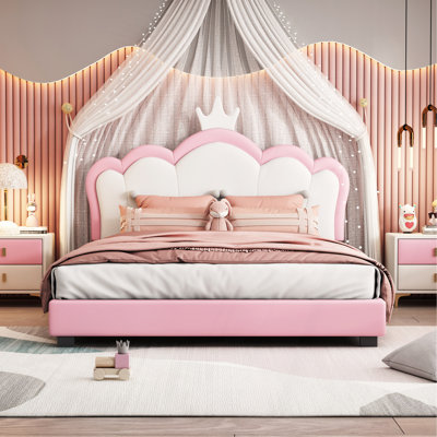 Lit princesse rembourré avec tête de lit couronne, lit plateforme avec tête de lit et pied de lit