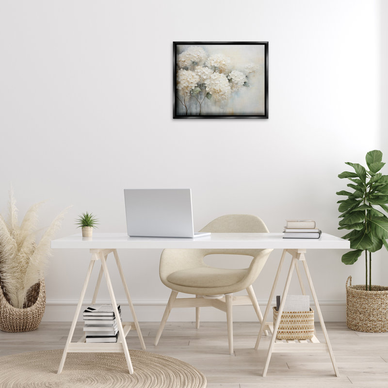 Subtle Fading White Hydrangeas Floating Frame, design by Arlington Prints, 17" H x 21" W, Black