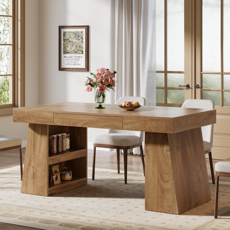 55" Farmhouse Dining Table With Storage Drawer And Shelves, Rectangle Kitchen Table For 4-6 People, Brown