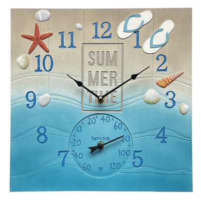 Taylor Summertime Poly Resin Clock and Thermometer,14 Inch, Blue