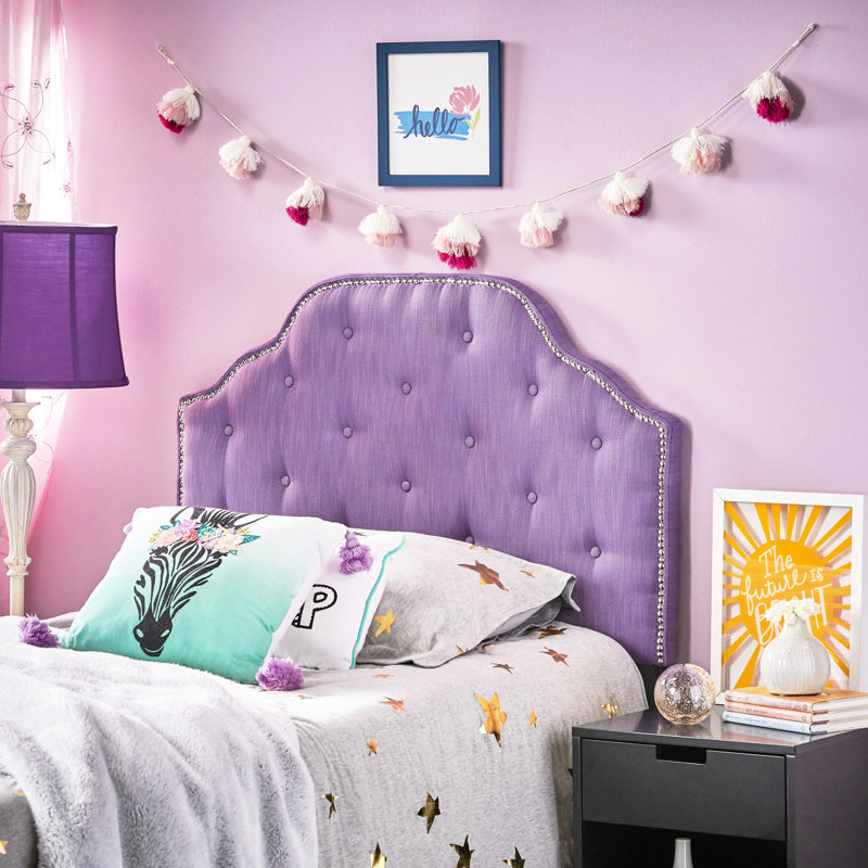 Tête de lit simple mauve en tissu avec coutures à losanges et détails cloutés, Mauve clair