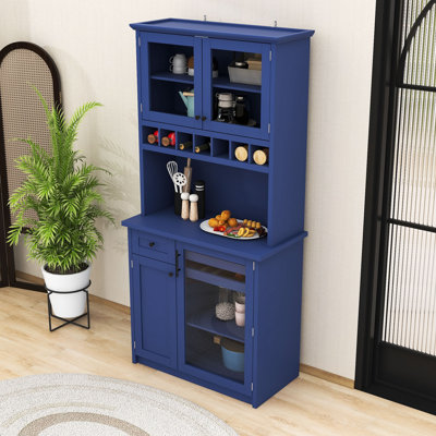 Garde-manger autoportant en bois avec portes en verre trempé, tablettes réglables et porte-bouteilles