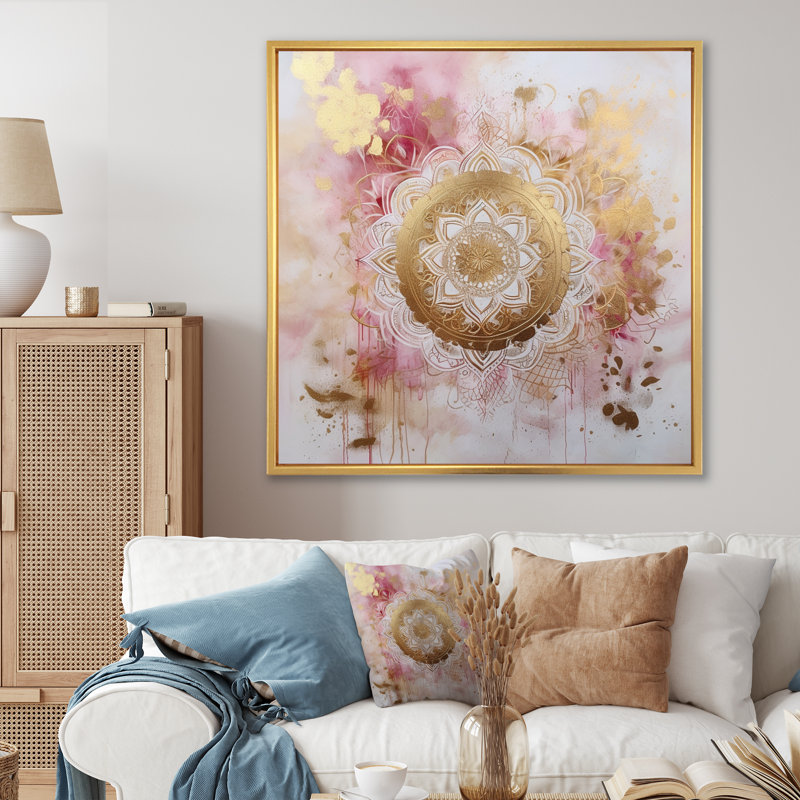 Mandala III or rose sur toile, H 16 po x l 16 po x P 1 po, Cadre flottant doré