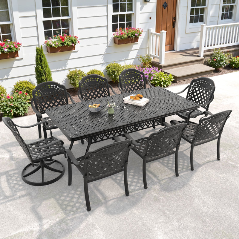 8-Pesron 82.68"L Rectangular Outdoor Dining Set with Umbrella Hole, 2 Swivel + 6 Stackable Chairs, Red Cushions