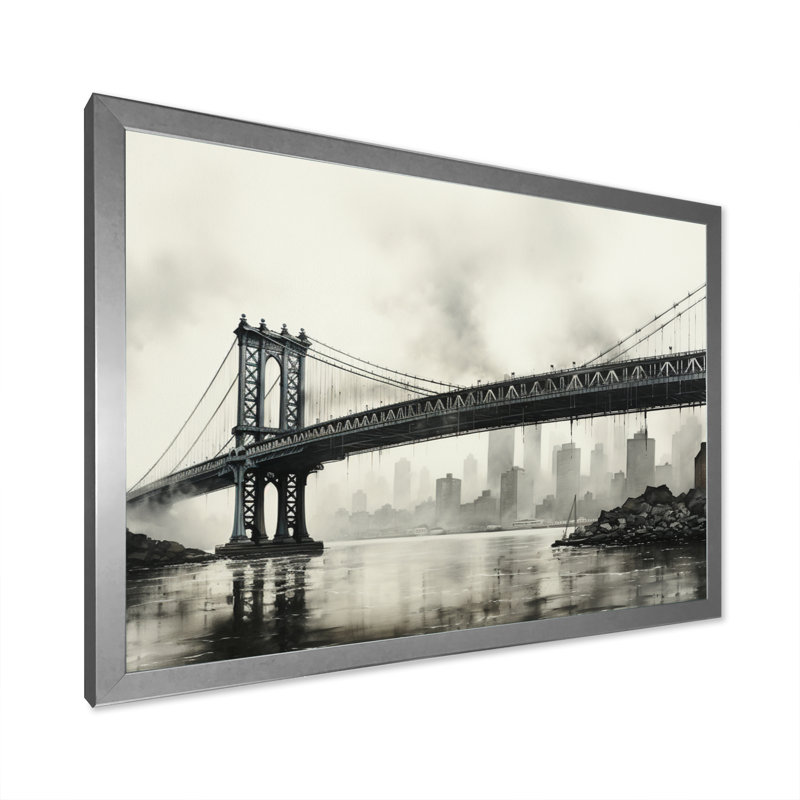 " Grey Bridge Cable Suspension Charcoal ", Silver Picture Framed, 16" H x 32" W x 1" D
