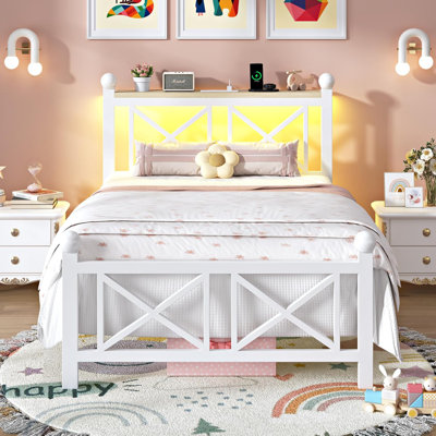 Twin Size Bed Frame with Headboard, Charging Station and LED Lights, Heavy Duty Metal Platform & Noiseless, Easy Assembly