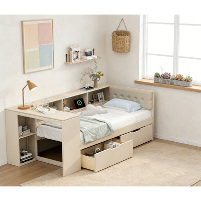 Wood Platform Bed with Storage Shelves, Drawers
