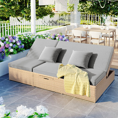 Outdoor Double Sunbed, Wicker Rattan Patio Reclining Chairs With Adjustable Backrest And Seat, Conversational Set For 2 Person
