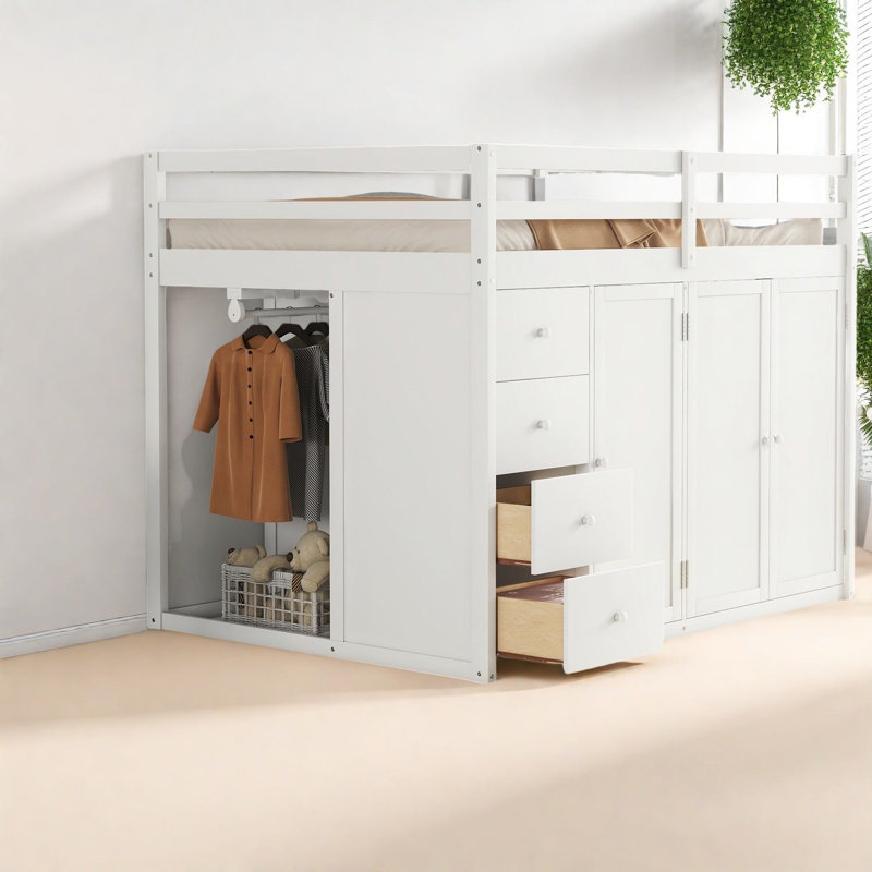 Lit mezzanine en bois compact avec solutions de rangement modernes, blanc