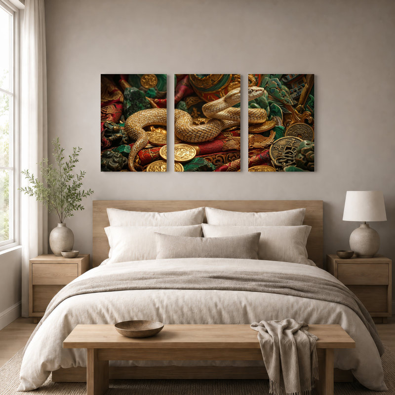 «Golden Snake» enroulé sur un tissu rouge et pièces d'or, ensemble de 3 toiles, 36"H x 24"W x 3pcs