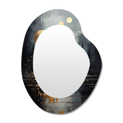 Golden Cityscape Full Moon Reflection - Landscapes Asymmetrical Mirror, Grey Unique Shape Unique Wall Mirror, Printed Metal Art