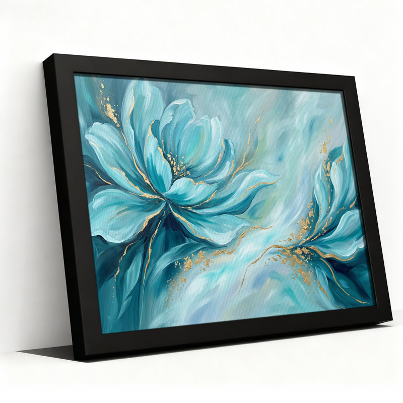 Tableau sur toile abstrait bleu avec fleur et feuille d'or, 16"H x 24"W