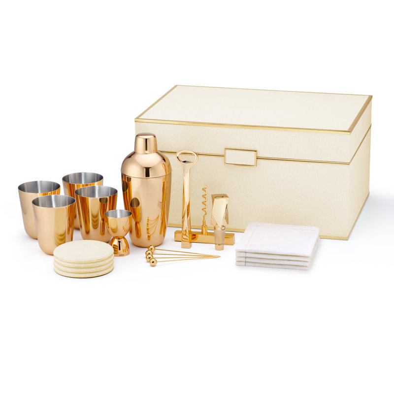 Cream Faux Shagreen Bar Tool Set with Brass Accents