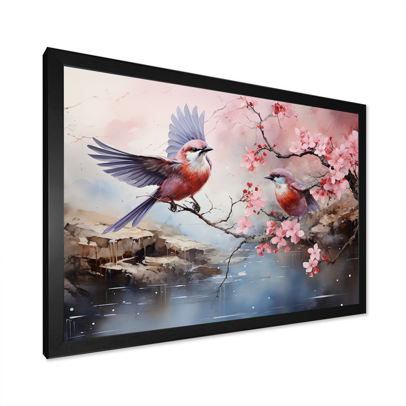 Vol de cerisier japonais en fleur II - Art mural oiseau, H 24 po x l 32 po x P 1 po, Cadre d'angle fermé noir