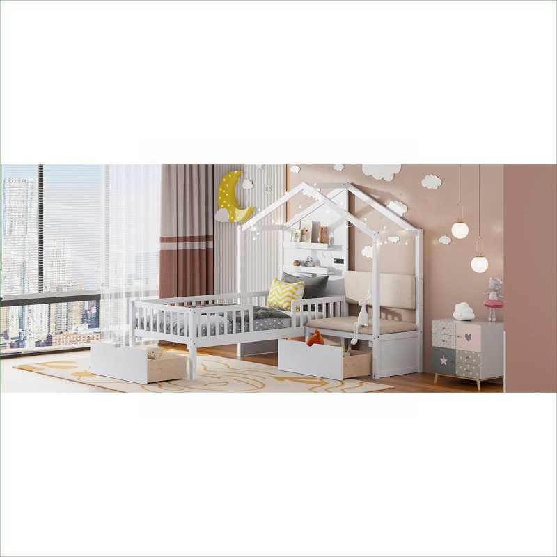 Lit simple tapissier en bois massif, blanc classique avec canapé intégré, station de charge et rangement pour la chambre à coucher