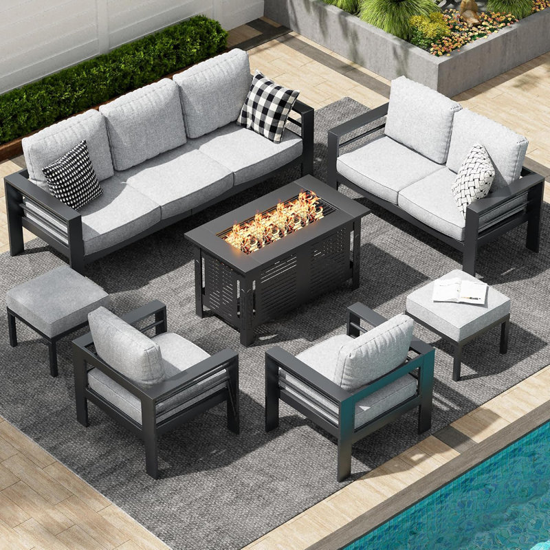 Modern Outdoor Patio Furniture With Coffee Table And Fire Pit, Black, Light Gray